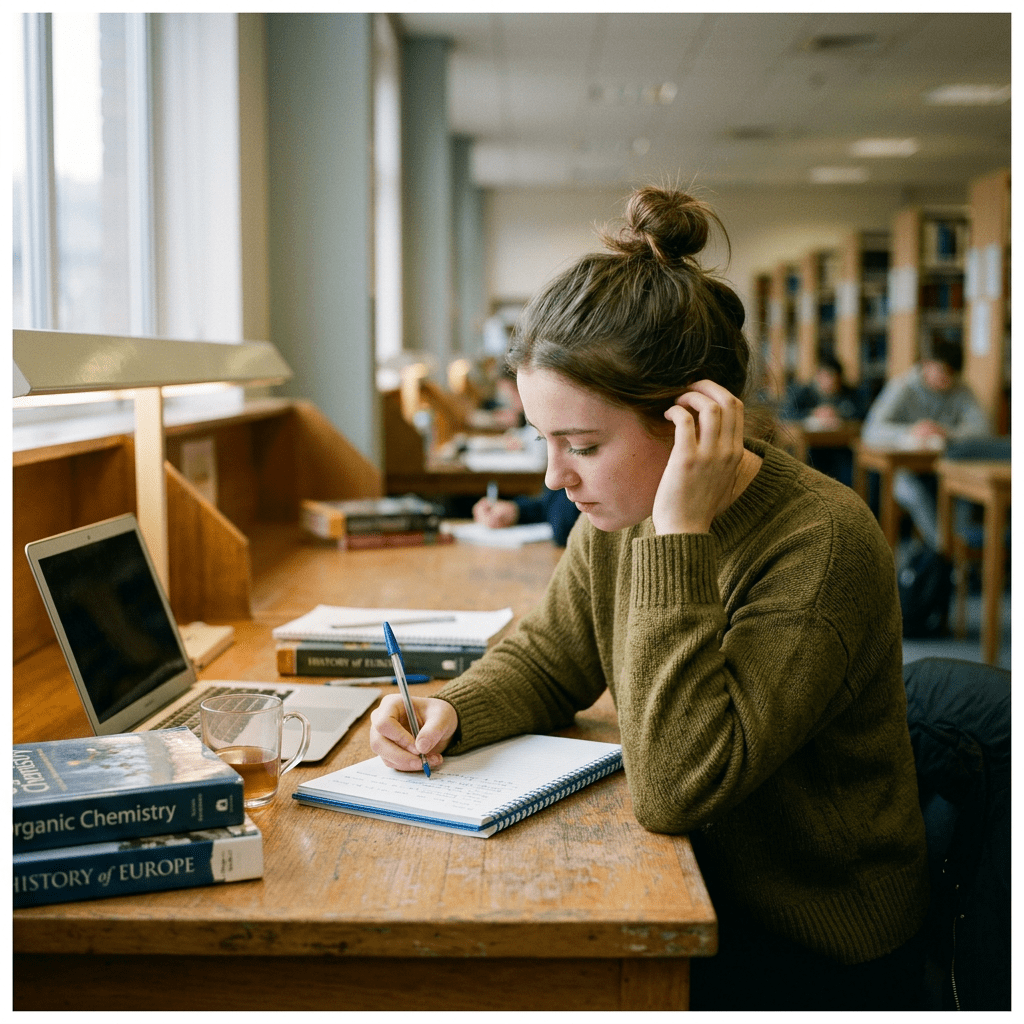 Student writing notes in notebook at library desk with laptop and books